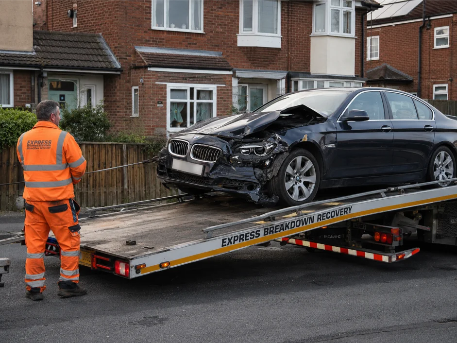 BMW accident damaged vehicle loading on flatbed in Slough Berkshire