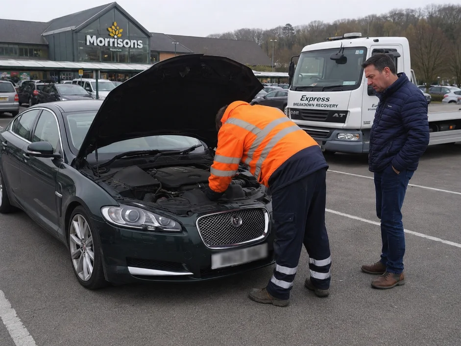 Roadside breakdown Recovery Jaguar XF Supermarket Car parking
