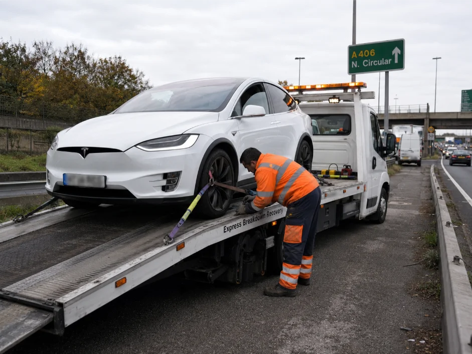 Tesla Moel X Electric Car Recovery and Transport on A406 Road