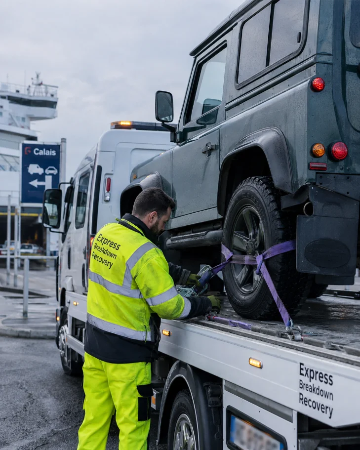 Land Rover Defender professional vehicle recovery from France to the United Kingdom