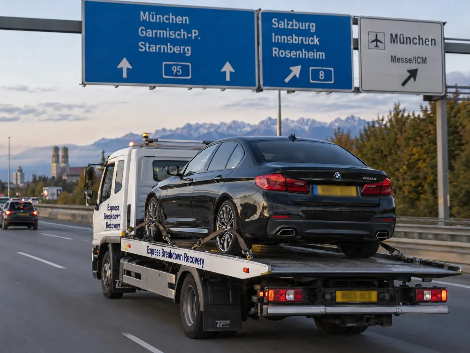 BMW 5-series car recovery, Munich, Germany, to UK