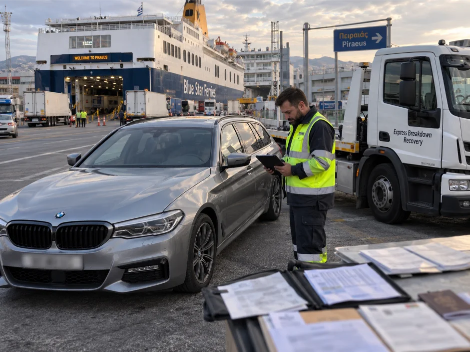 BMW-5-series cross border recovery Piraeus, Greece to UK