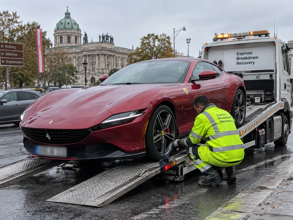 Ferrari Roma luxury car transport from Vienna, Austria, to the UK