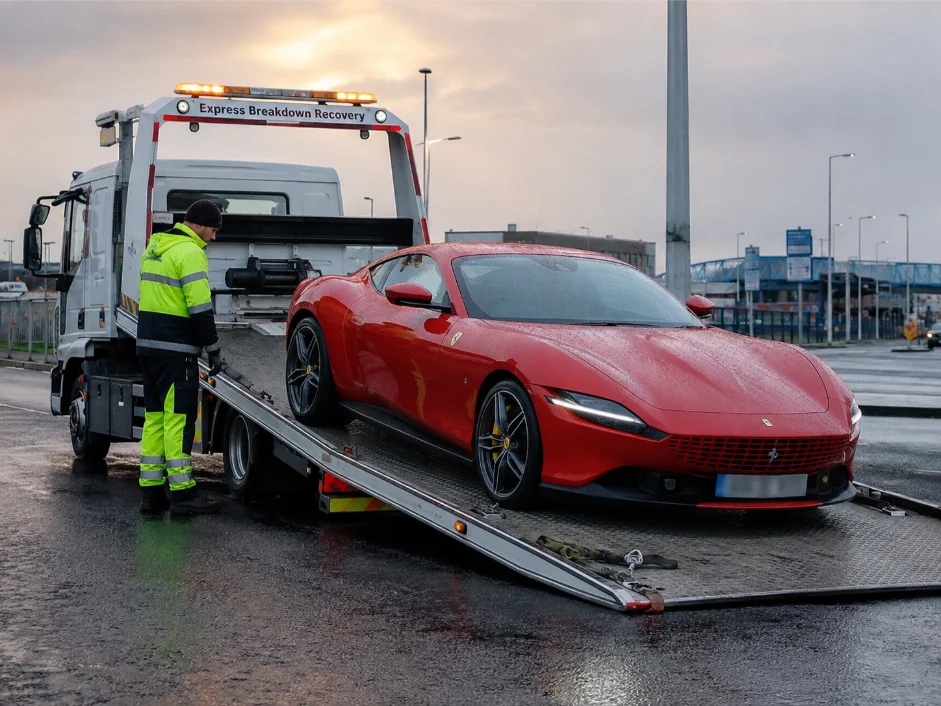 Ferrari Roma luxury car recovery and transport from Dublin to London in the UK
