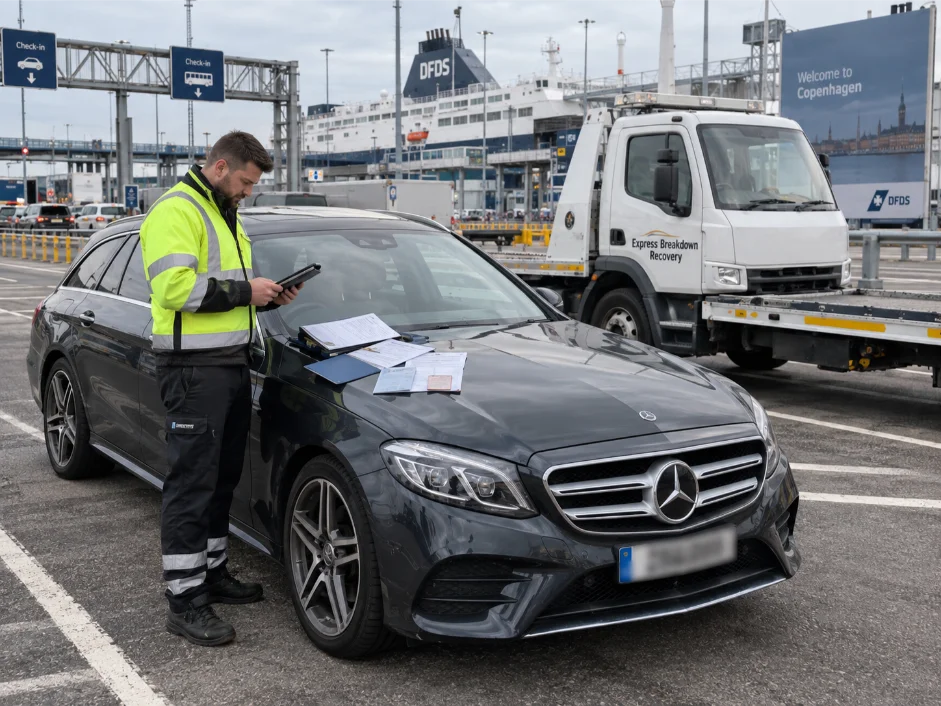 Mercedes-Benz-e-class cross border recovery Copenhagen Denmark to UK