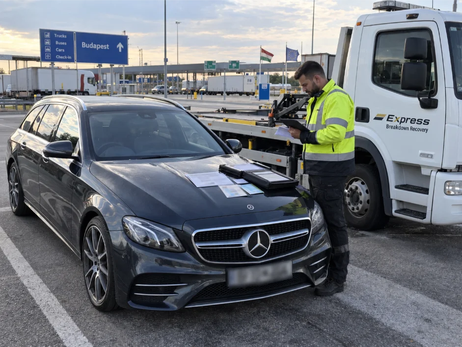 Mercedes-Benz-e-class border recovery Budapest, Hungary to UK