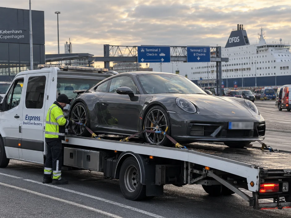 Porsche-911 luxury car transport Copenhagen Denmark to UK