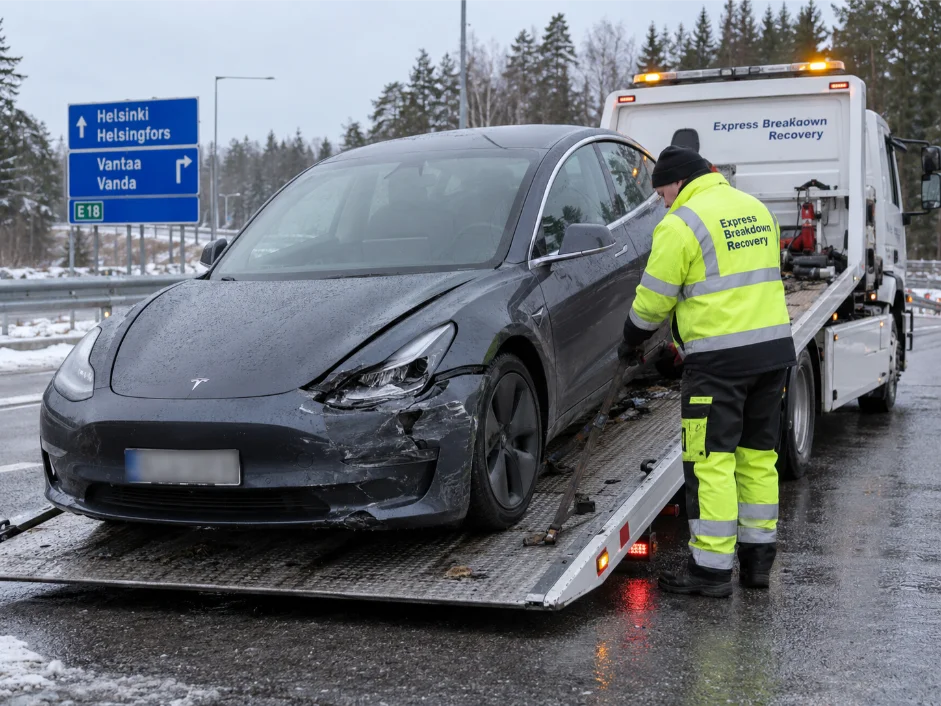 tesla model 3 accident recovery finland to uk helsinki