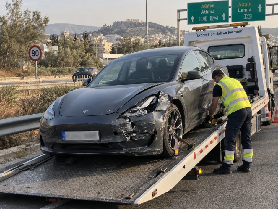Tesla model-3 accident recovery Athens, Greece to UK
