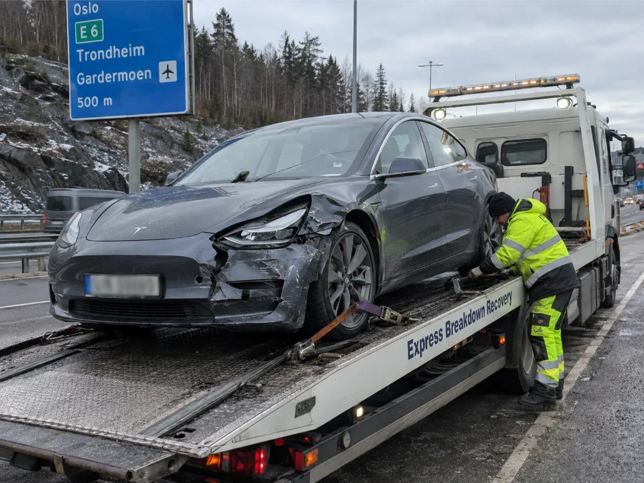 tesla model 3 accident recovery norway to uk oslo